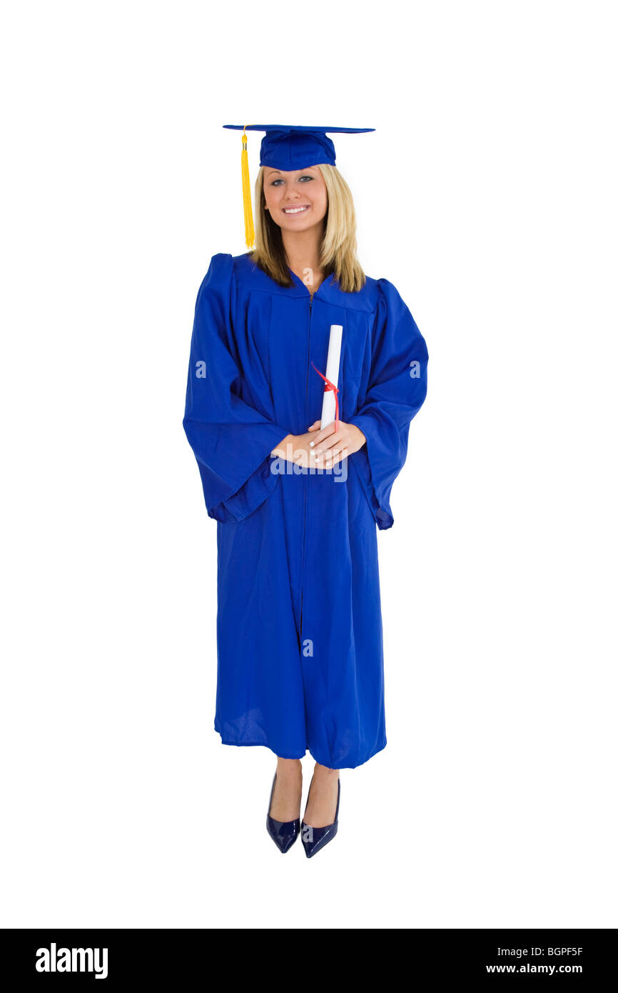 A female Caucasian with blond hair standing in blue graduation gown and smiling. She is on a white background. Stock Photo