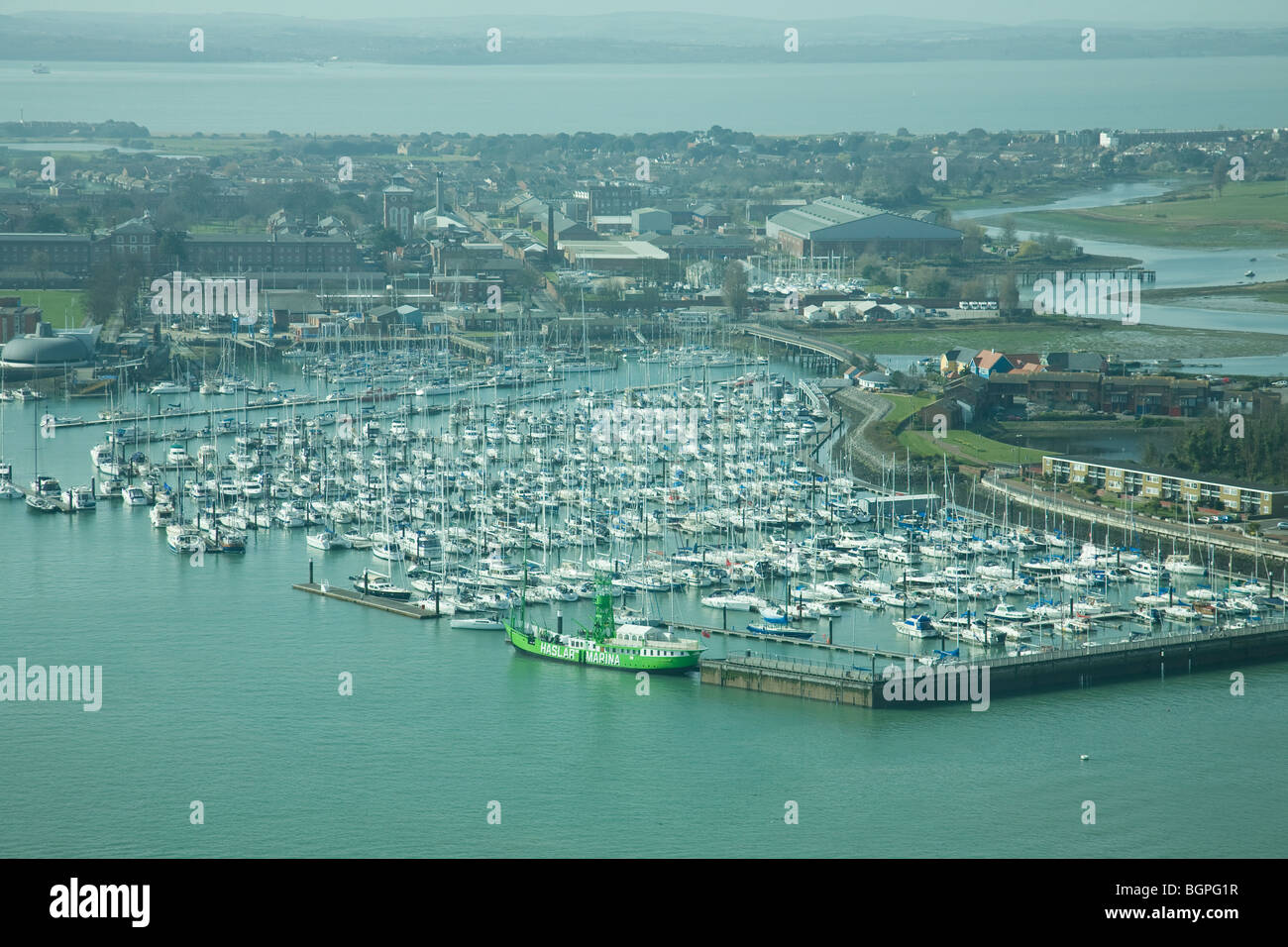 View from the Spinnaker Tower across Portsmouth Harbour to Haslar Marina, Gosport and the Isle of Wight beyond, Portsmouth. Stock Photo
