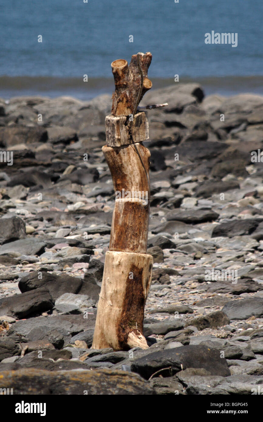 wooden log sculpture on Lynmouth beach North Devon Stock Photo