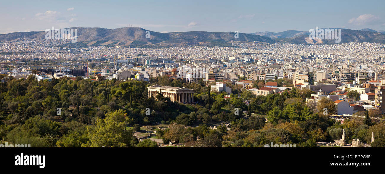 Panoramic view of Thissio Temple from Mars Hill in Athens,Greece. Stock Photo