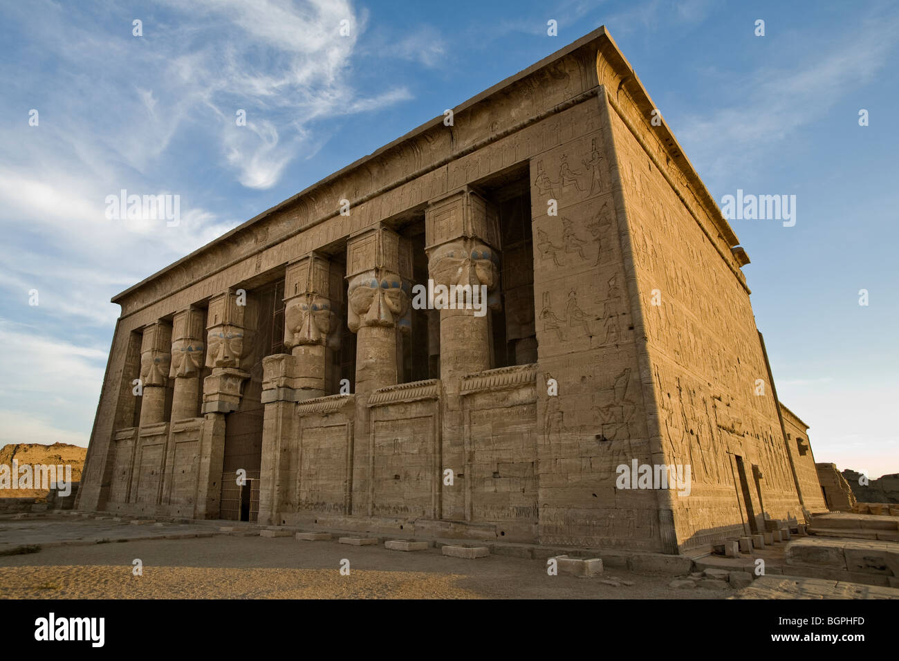The facade of the Ptolemaic Temple of Hathor at Dendera,