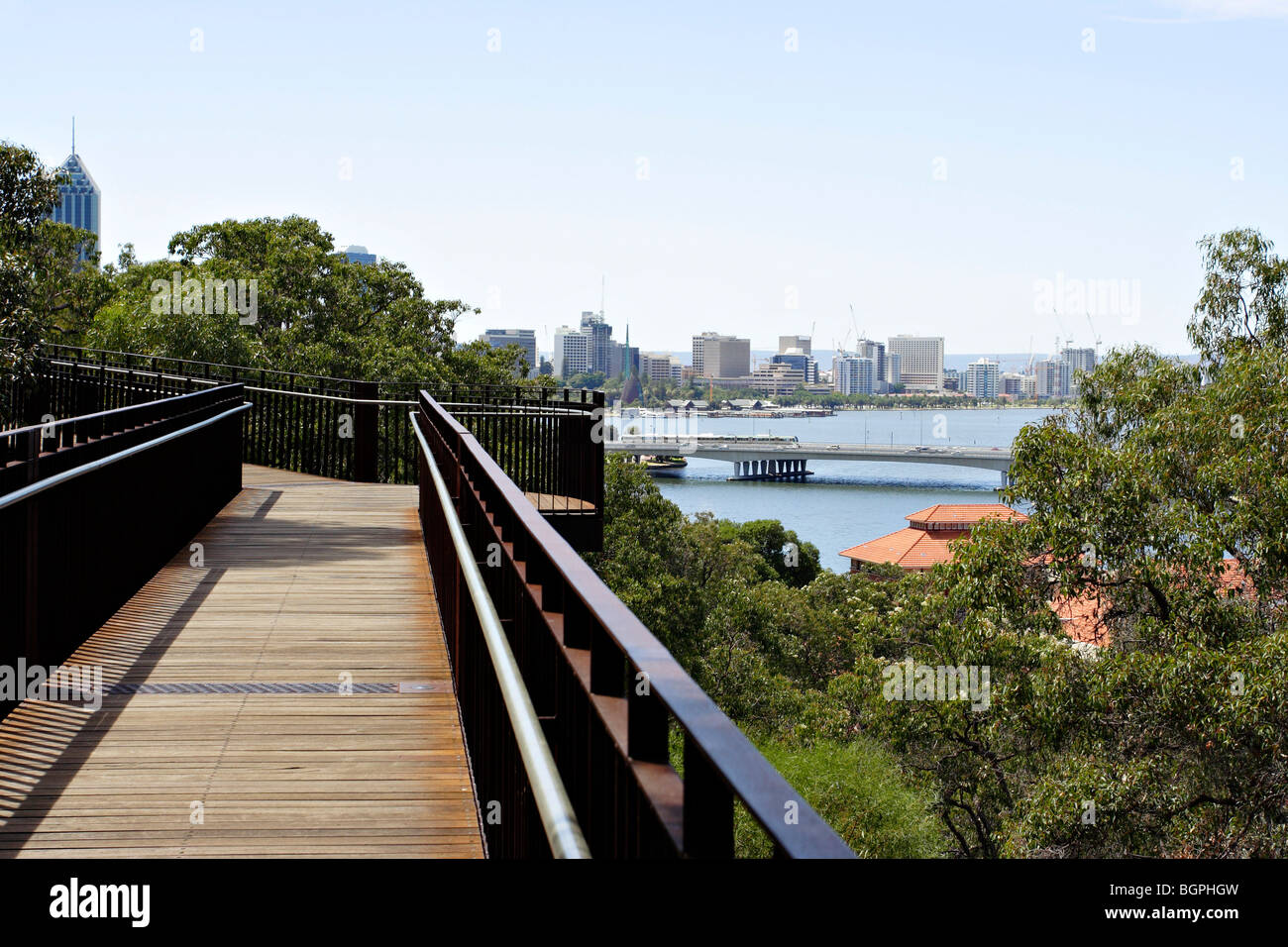 View of Perth city from elevated walkway at Kings Park in Perth, Western Australia. Stock Photo