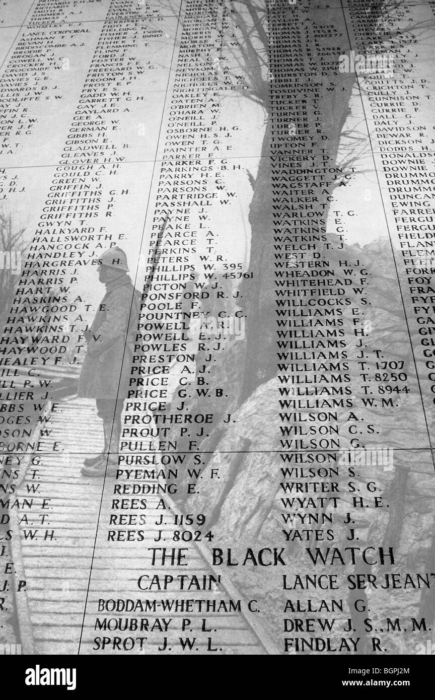Names engraved in the Menin Gate Memorial to the Missing in commemoration of fallen soldiers of World War One, Ypres, Belgium Stock Photo