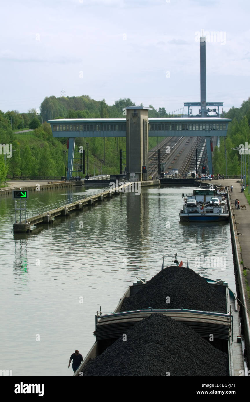 The Ronquières Inclined Plane is a Belgian canal inclined plane on the Brussels-Charleroi Canal, Belgium Stock Photo