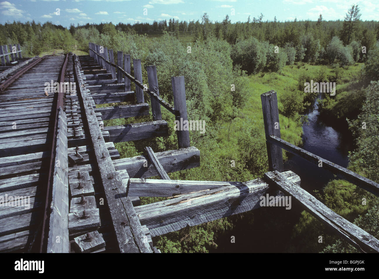 Ground level view of the deserted Stalin era gulag buildings from the Salekhard Igarka Railway in northern Siberia. Stock Photo