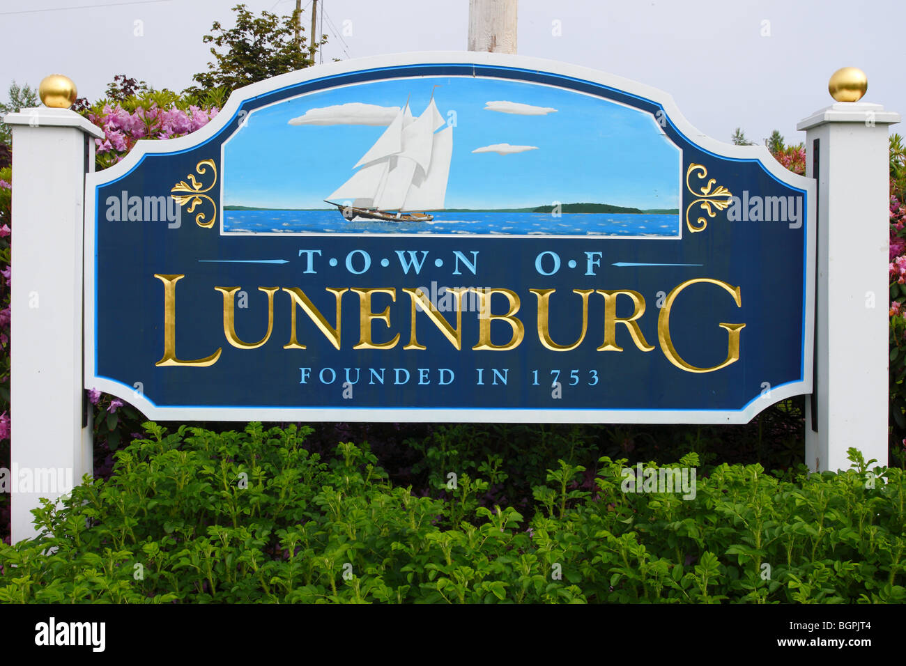 Town of Lunenburg Nova Scotia sign at the edge of the town Stock Photo