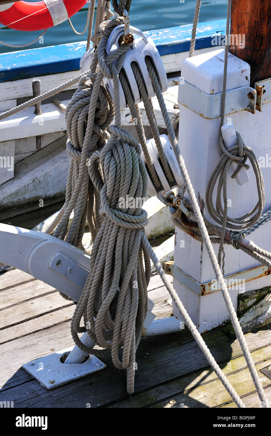 Ropes on board of a sailing ship, Brittany, France Stock Photo