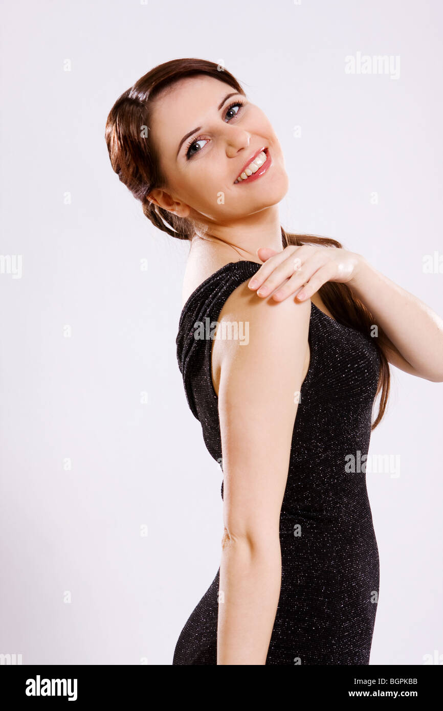 portrait of beautiful woman in black dress Stock Photo - Alamy