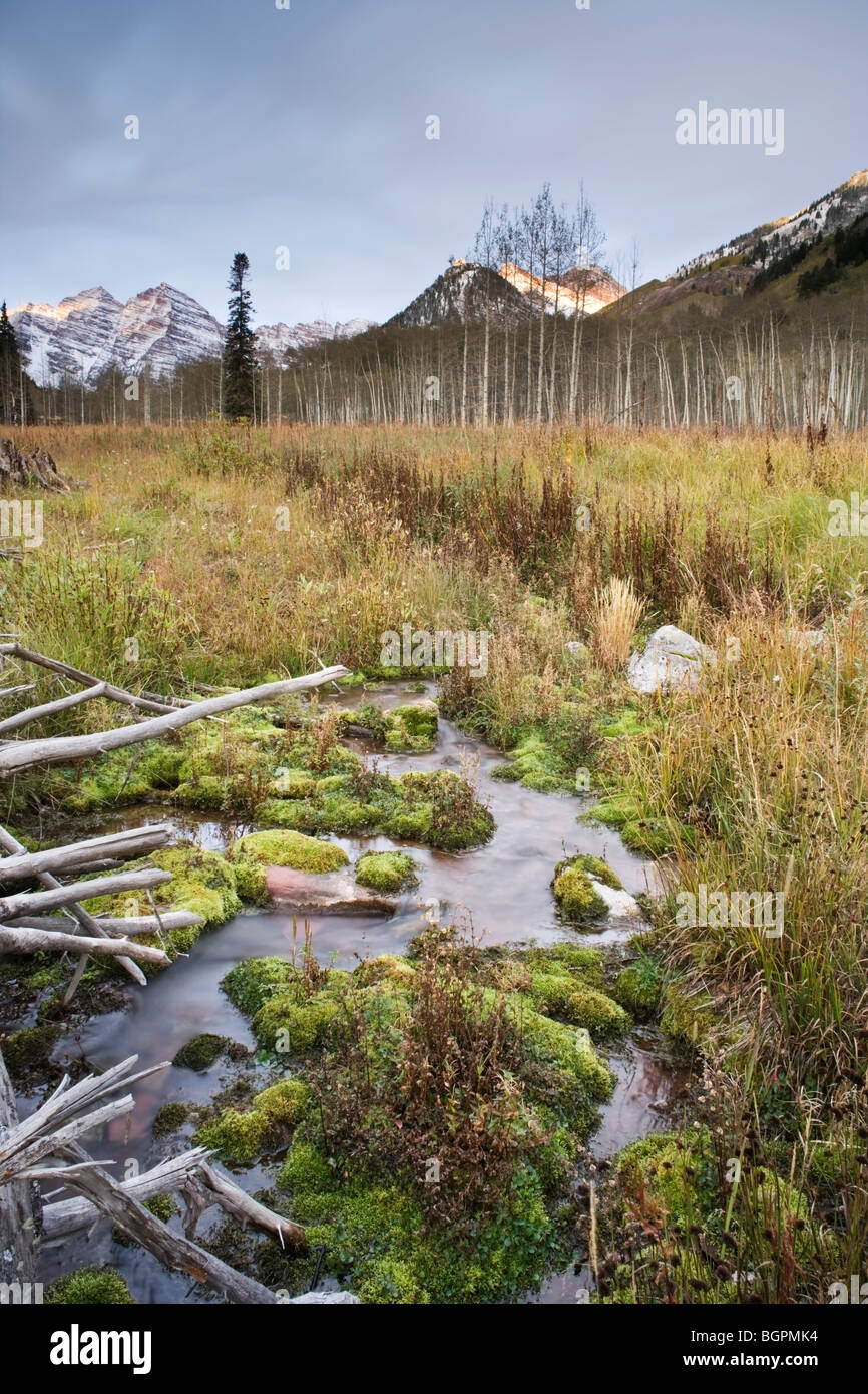 Small stream crossing the fields around the Maroon Lake area in Colorado. The Maroon Bells are visible in the background Stock Photo