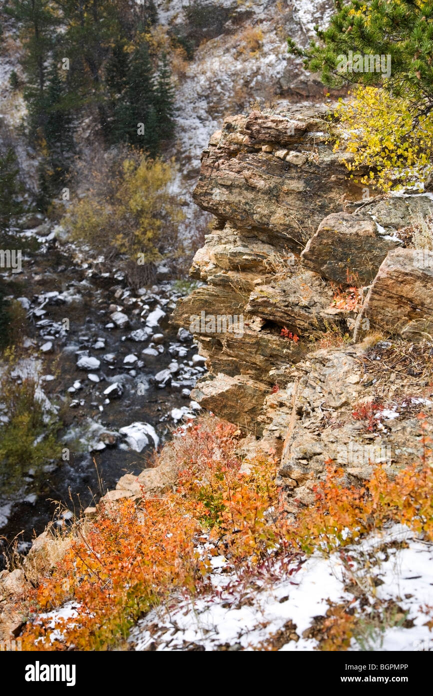 Rocks on a cliff overlooking a river in the background. plants and snow in the foreground. Focus on the rock and foreground Stock Photo