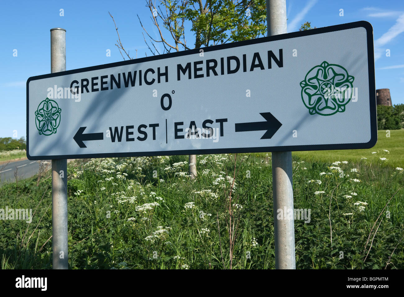 Greenwich Meridian line sign outside Patrington, Yorkshire Stock Photo