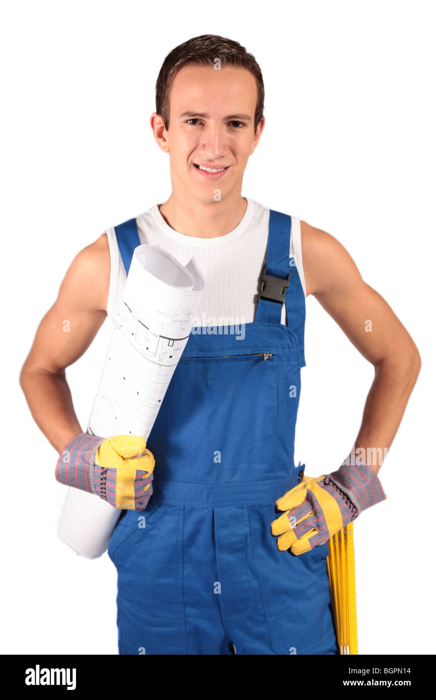 A young construction worker trainee. All isolated on white background. Stock Photo