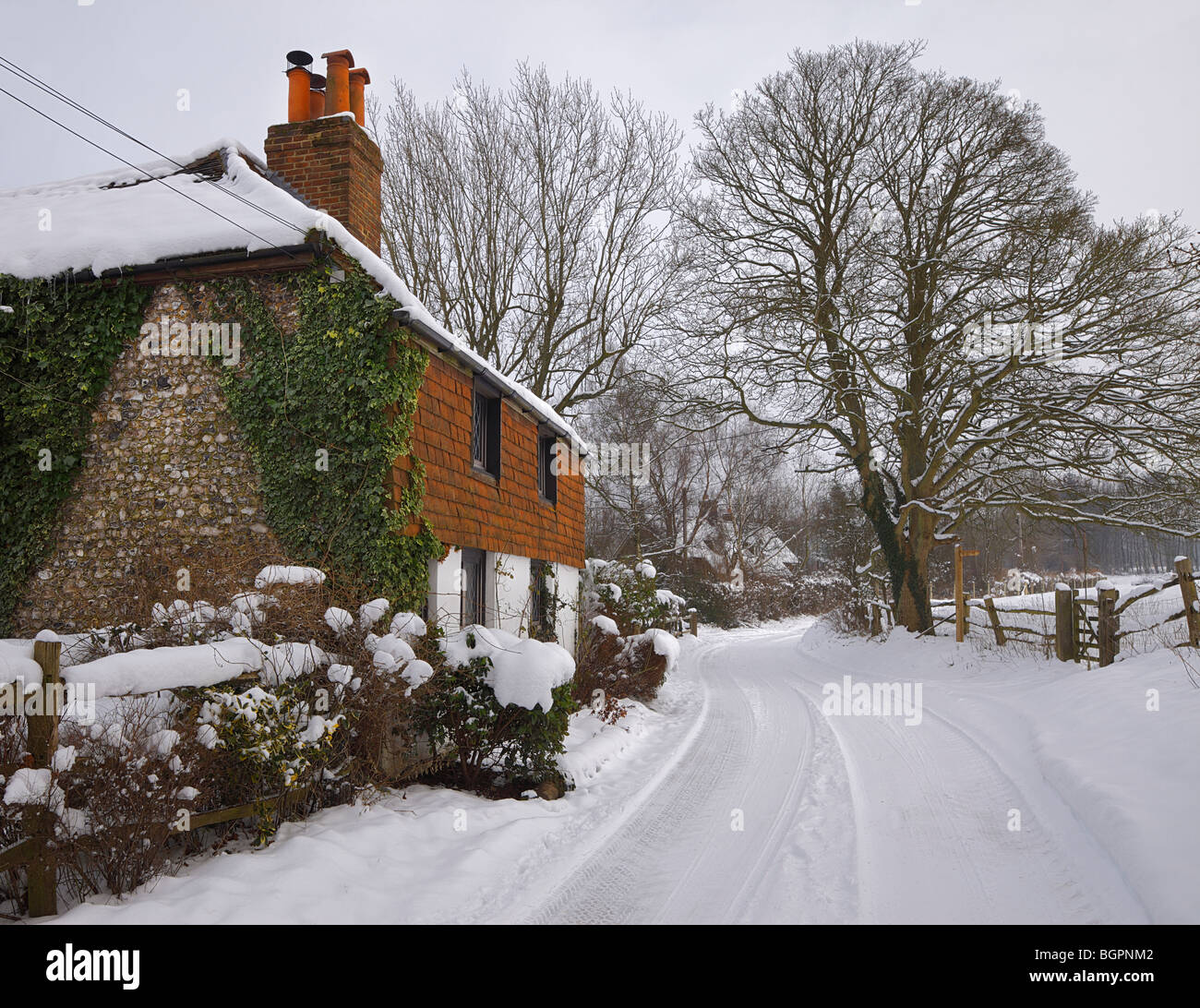 Traditional English country cottage in winter. Stock Photo