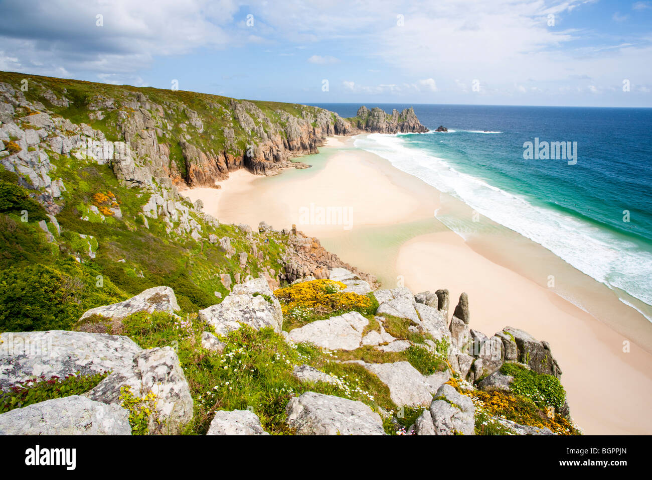 View of Pedn Vounder Beach from Treen Cliffs, Cornwall England UK Stock Photo