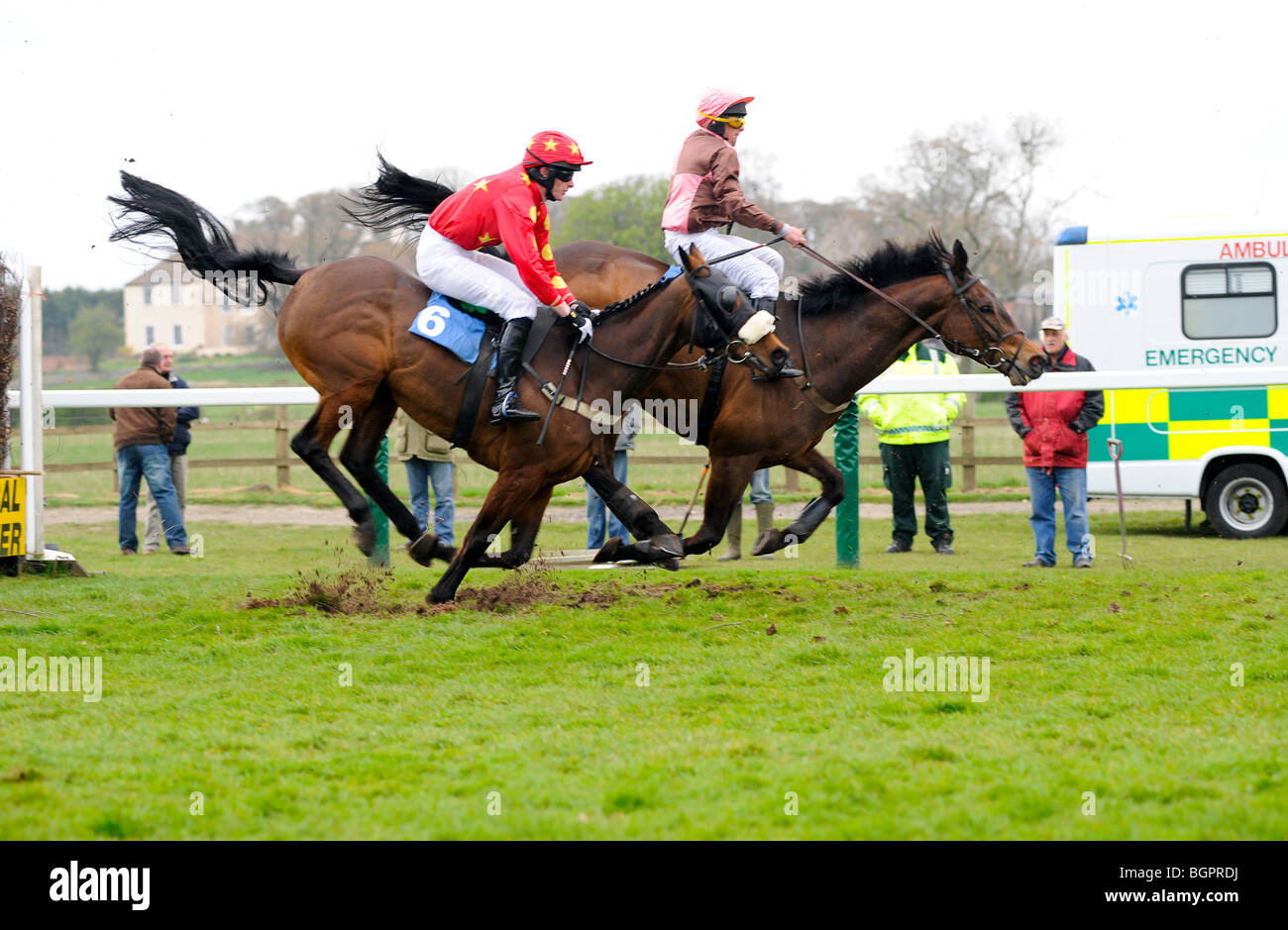 Horse and Jockey jumping last fence Sedgefield national hunt meeting