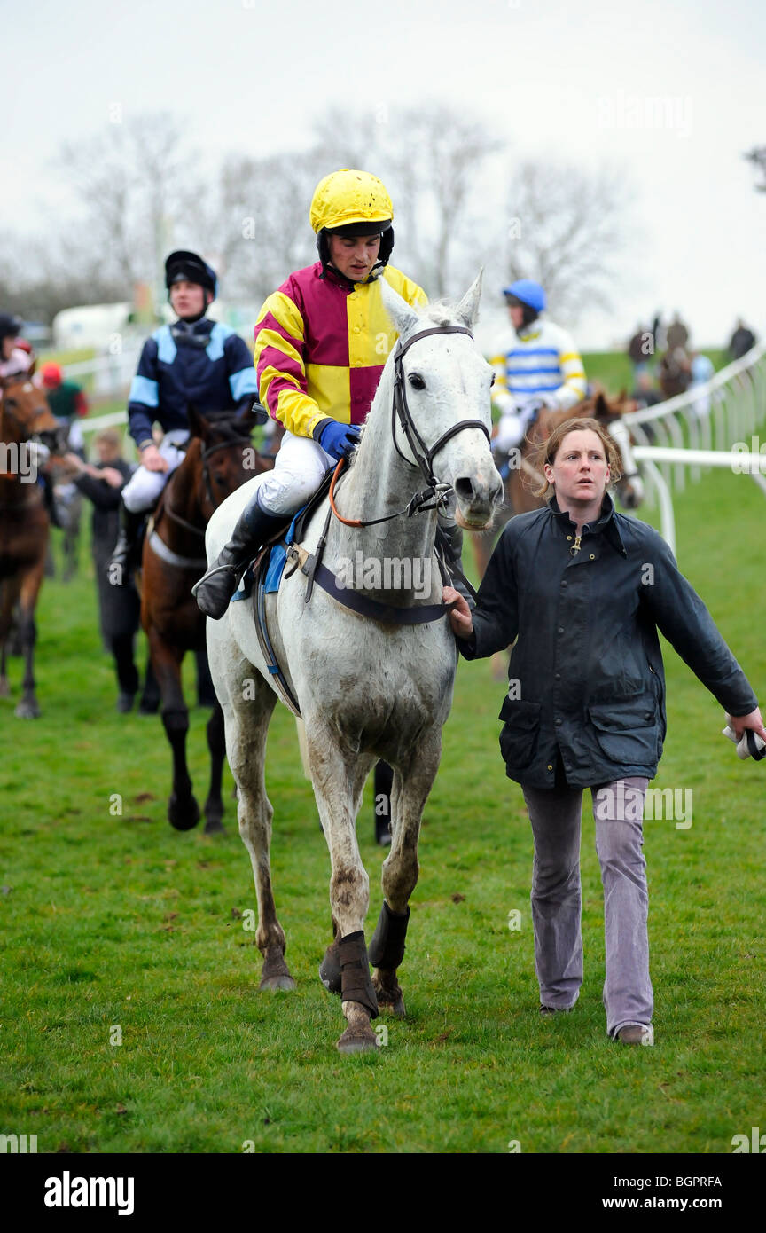 Horse and jockey being led to the winners enclosure Sedgefield April