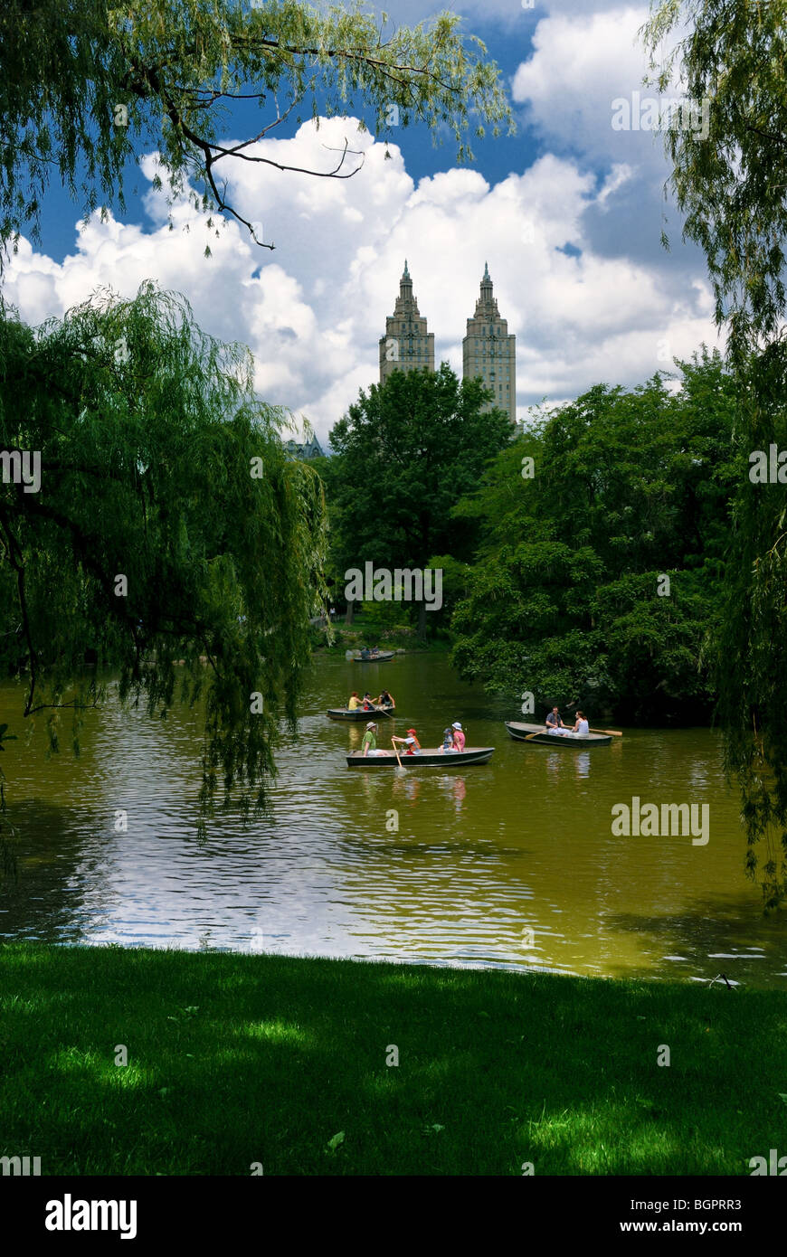 Rowboats on the lake in Central Park, near the Boathouse, with the New