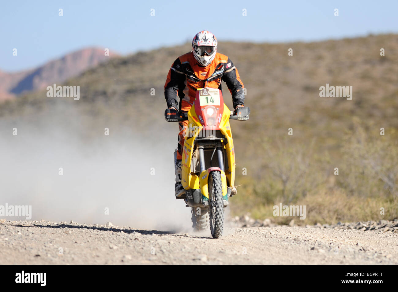 French Pilot Alain Duclos in Rally Dakar 2010, in 13 th stage San Rafael to  Santa Rosa, rides KTM Motorcycle number 14 Stock Photo - Alamy