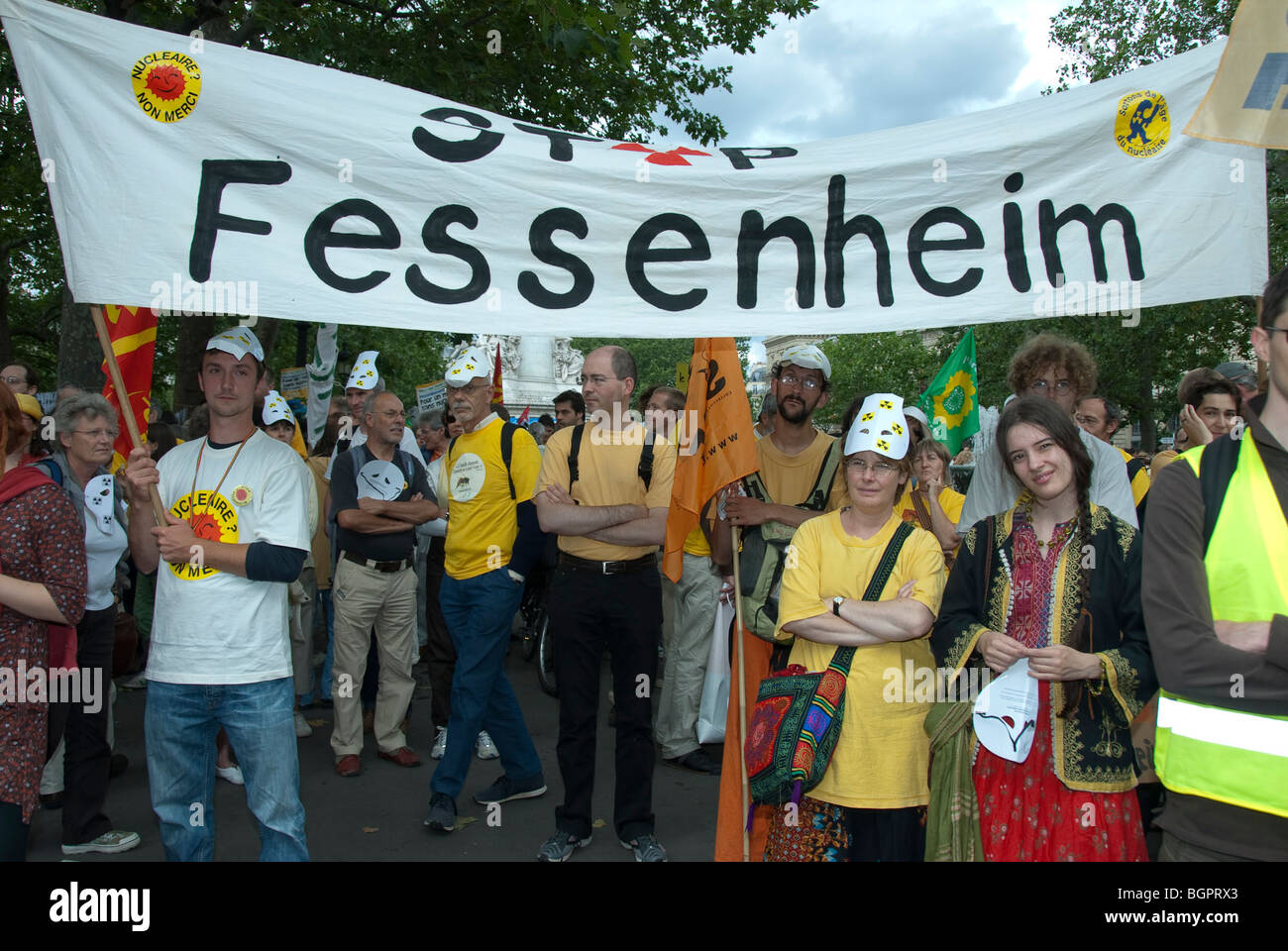 Paris, FRANCE - Anti-Nuclear Power Demonstration by Several Environmental N.G.O's. International, Activists Holding Protest Banner 'Stop Fessenheim' (Nuclear Power Station) Stock Photo