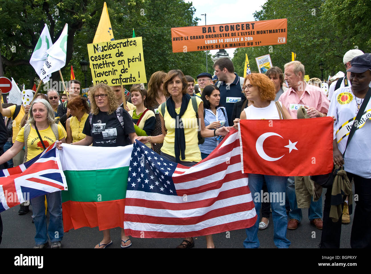 Paris, FRANCE - Anti-Nuclear Power Demonstration by Several Environmental N.G.O's. Crowd Activists Marching, Holding Flags, women marching, women politics Stock Photo