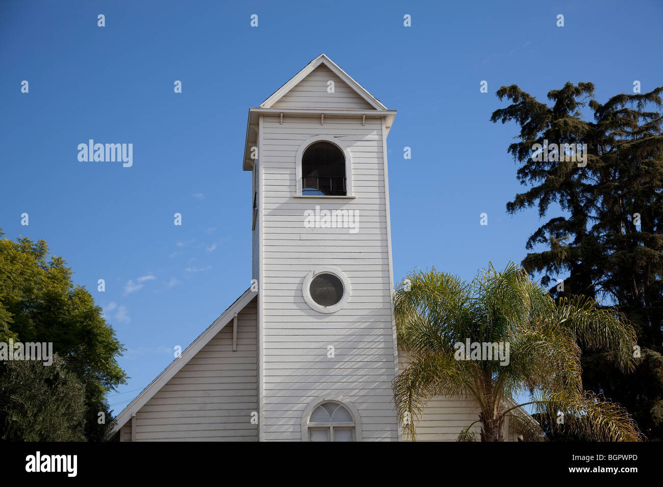 A front view of a historic wooden church in Fillmore, California Stock