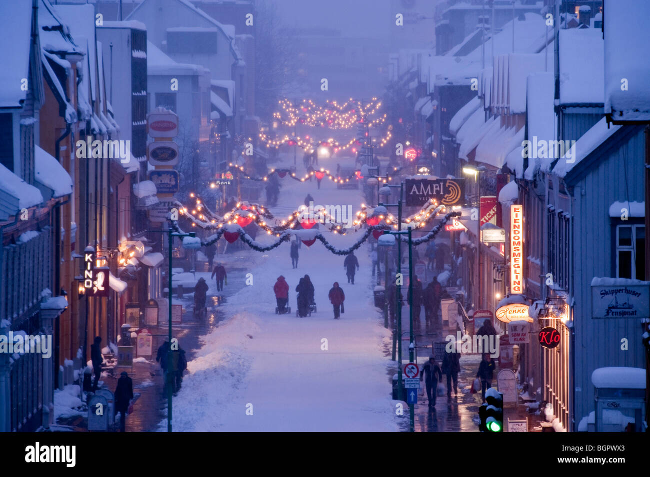 Christmas lights in the main street. Winter day in the city Tromsø, North Norway. Stock Photo