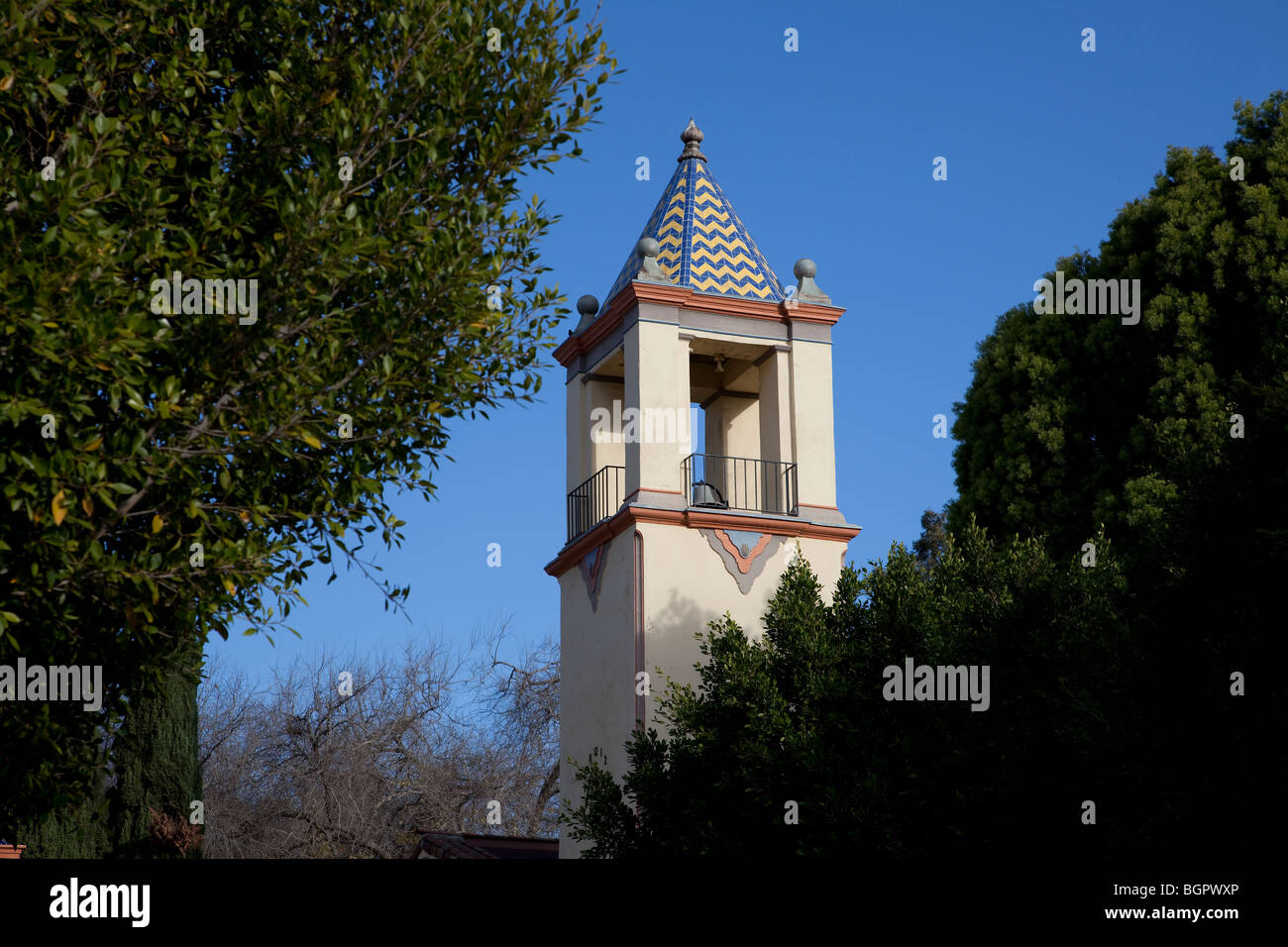 The bell tower of Santa Paula High School located in Santa Paula