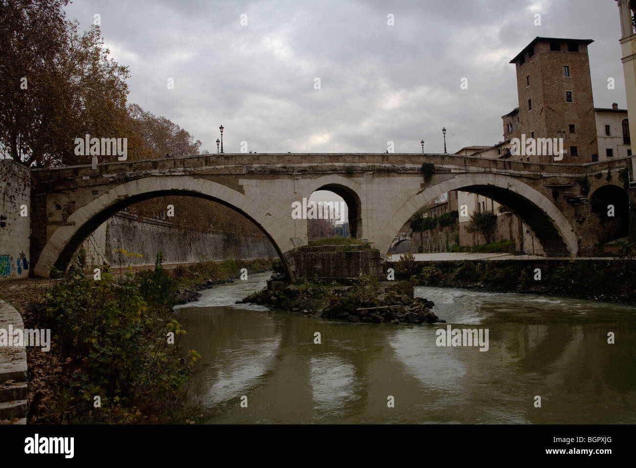 Ponte Fabricio,  Isola Tiberina, Rome, Italy Stock Photo