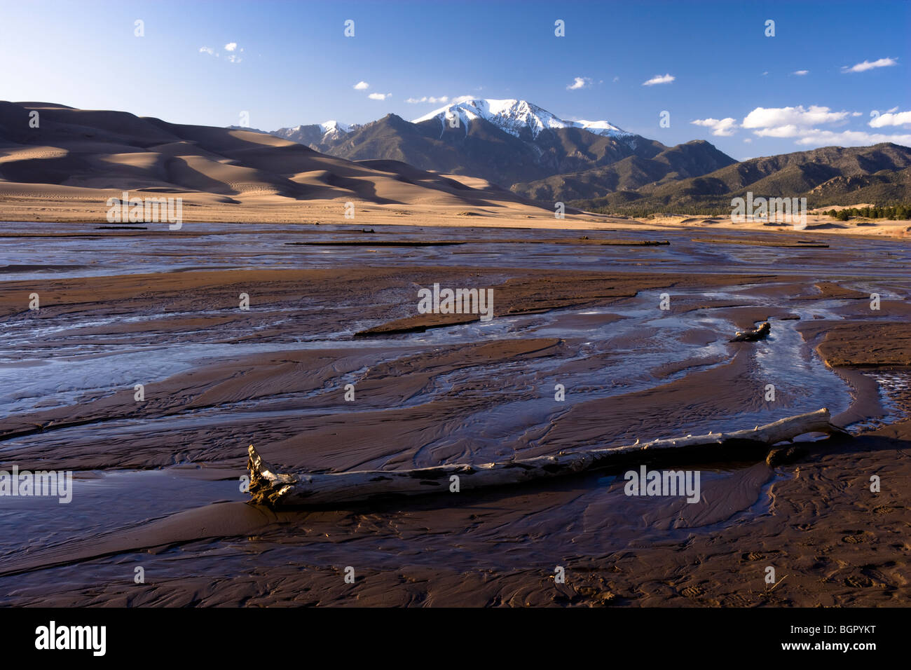 Medano Creek in Great Sand Dunes National Park and Preserve, with Sangre de Cristo Mountains in the distance, Colorado , USA Stock Photo
