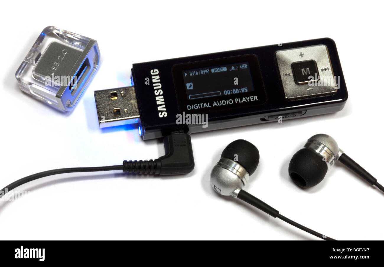 Samsung MP3 Player and Sennheiser Earphones Stock Photo