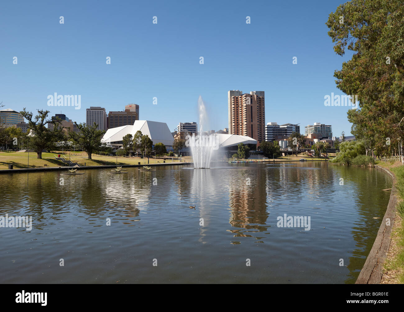 View of Torrens Lake, Elder Park and the city skyline, Adelaide, Australia Stock Photo