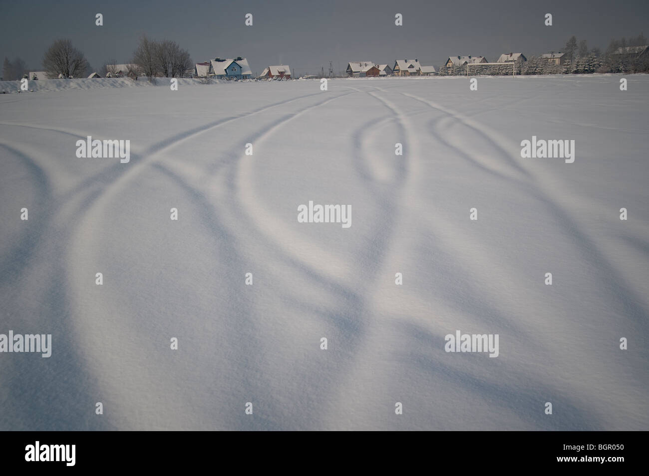 View of a snowed field in Jelenia Gora, Poland Stock Photo
