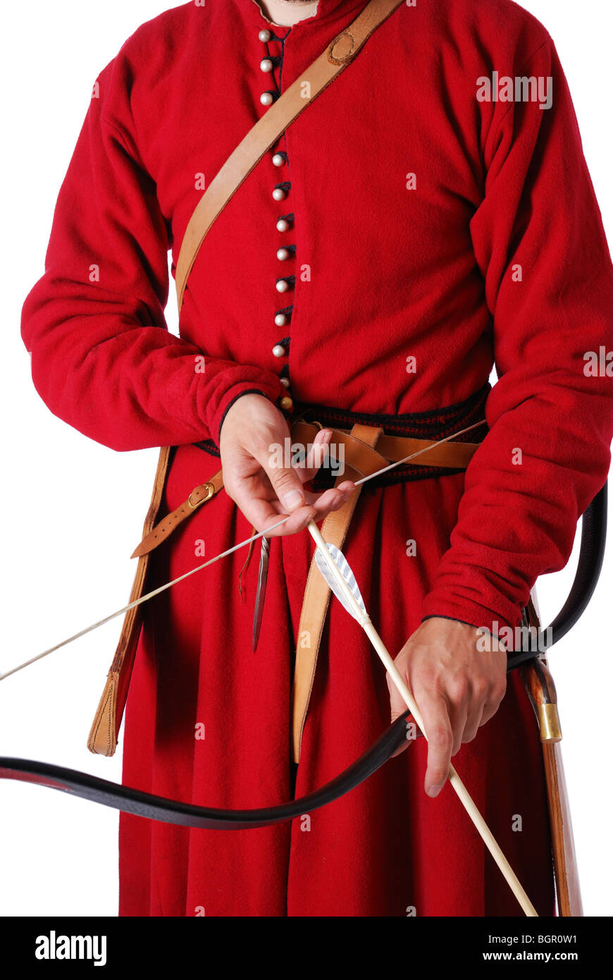 Close-up of bow with arrow in male hands. Stock Photo
