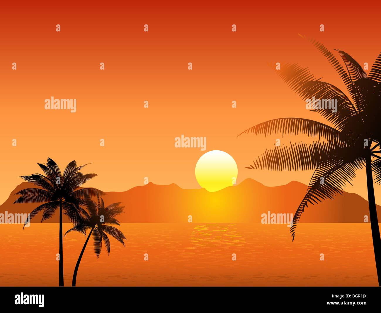 Tropical sunset scene with palm trees Stock Photo - Alamy