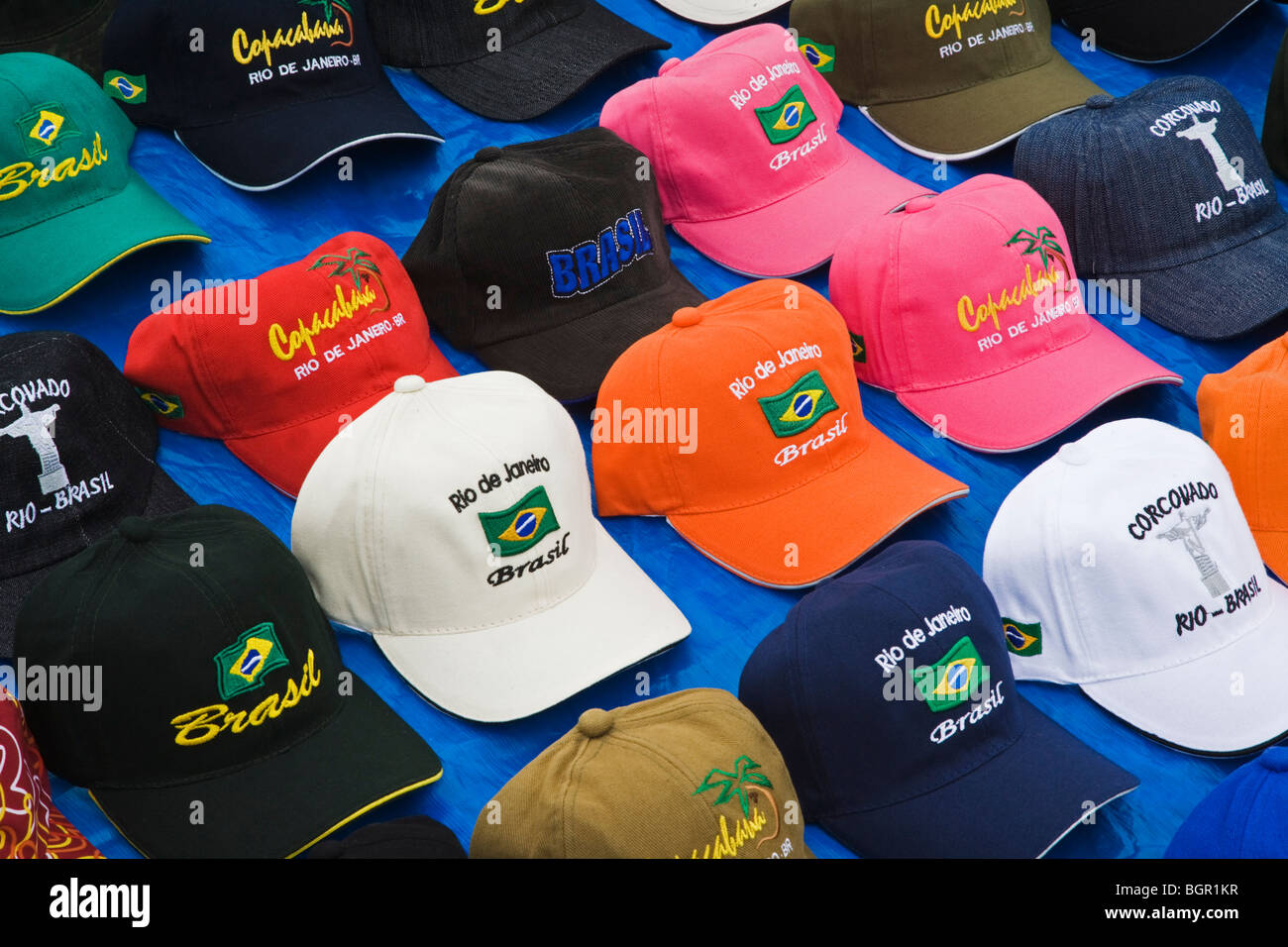 Hats for sale as souvenirs along the beach in Rio de Janeiro Brazil Stock Photo