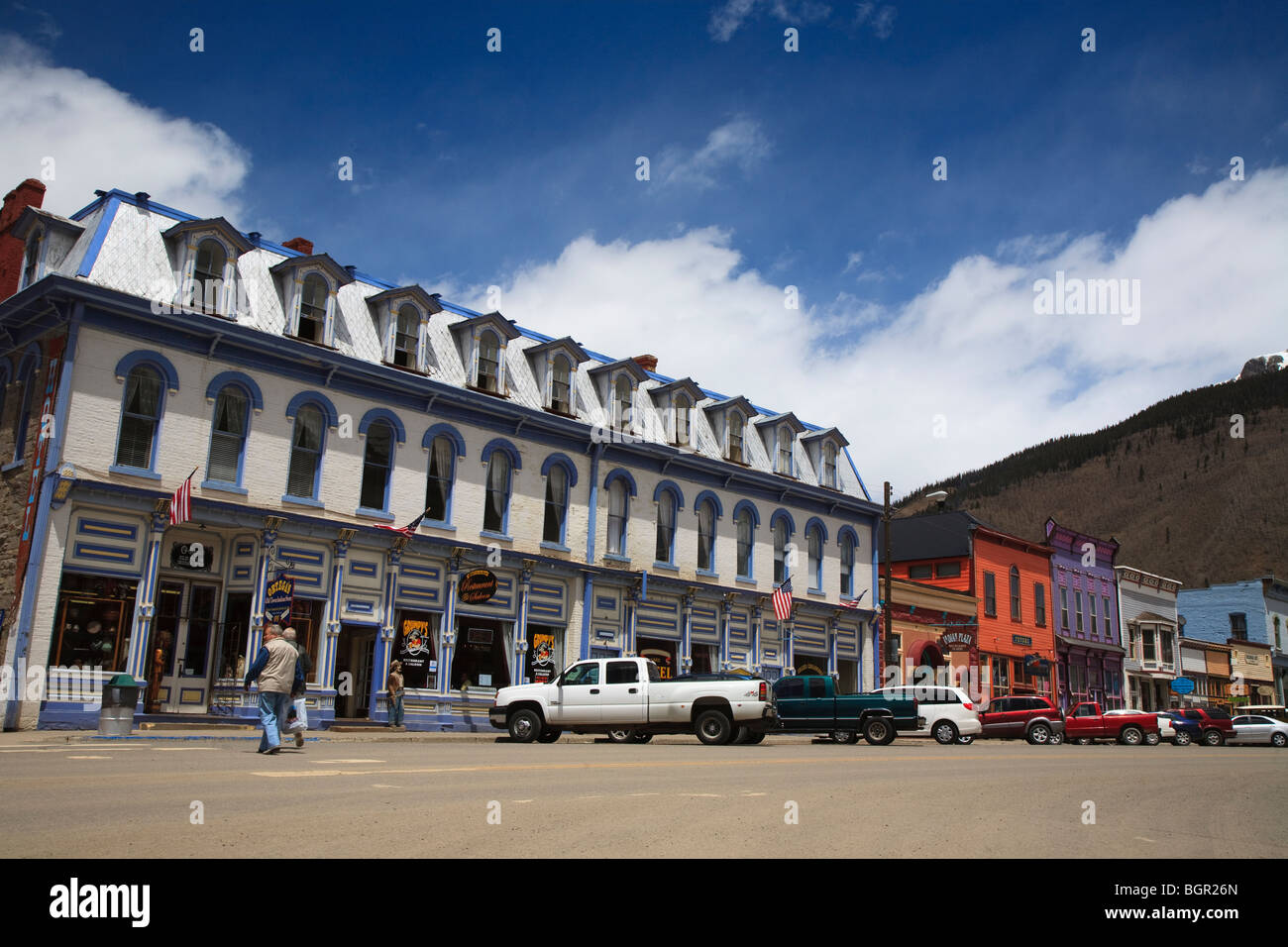 Victorian buildings in Main Street Silverton, old west mining town, elevation of 9,318 feet in San Juan County Colorado, USA Stock Photo