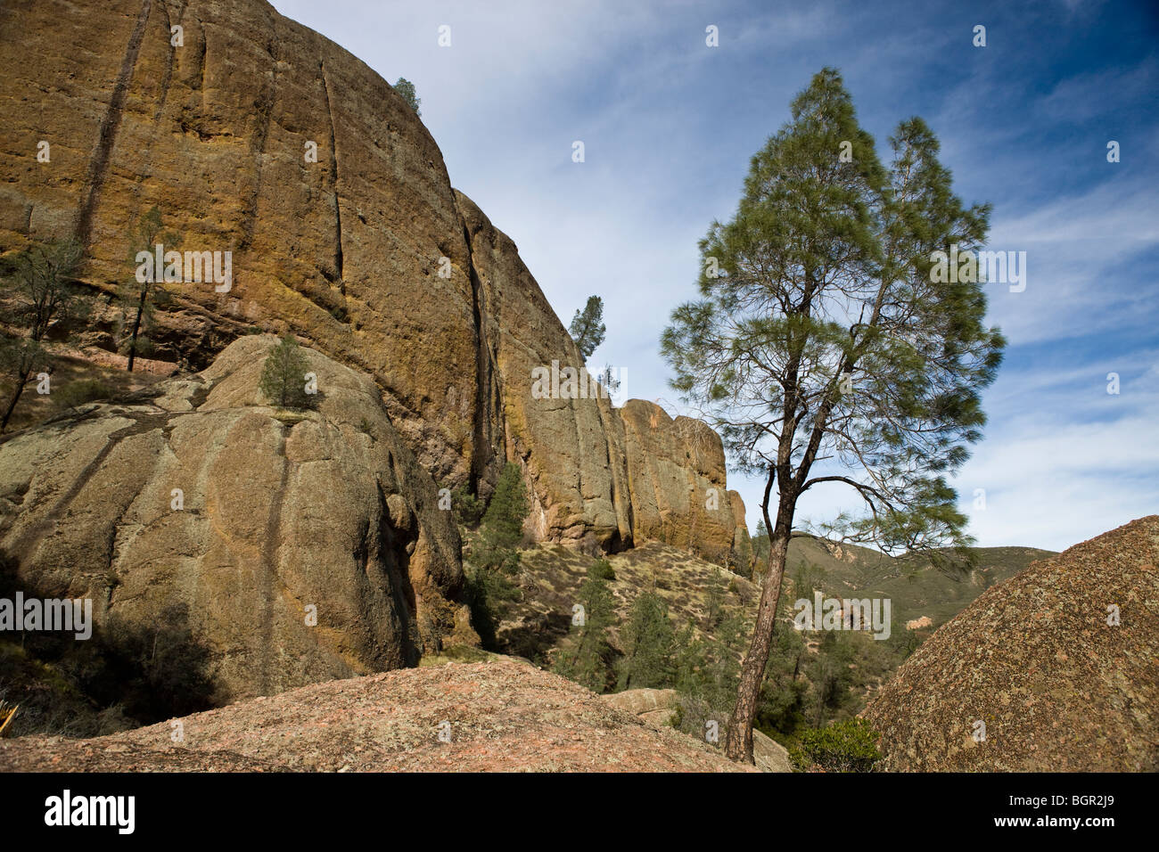 Vertical rock faces along the Balconies Cliffs Trail, Pinnacles National Monument, California, United States of America Stock Photo