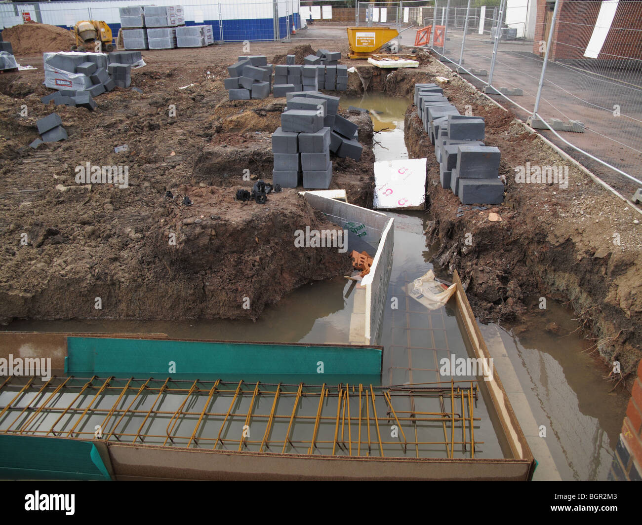 Flooded foundations on a construction site in the U.K. Stock Photo