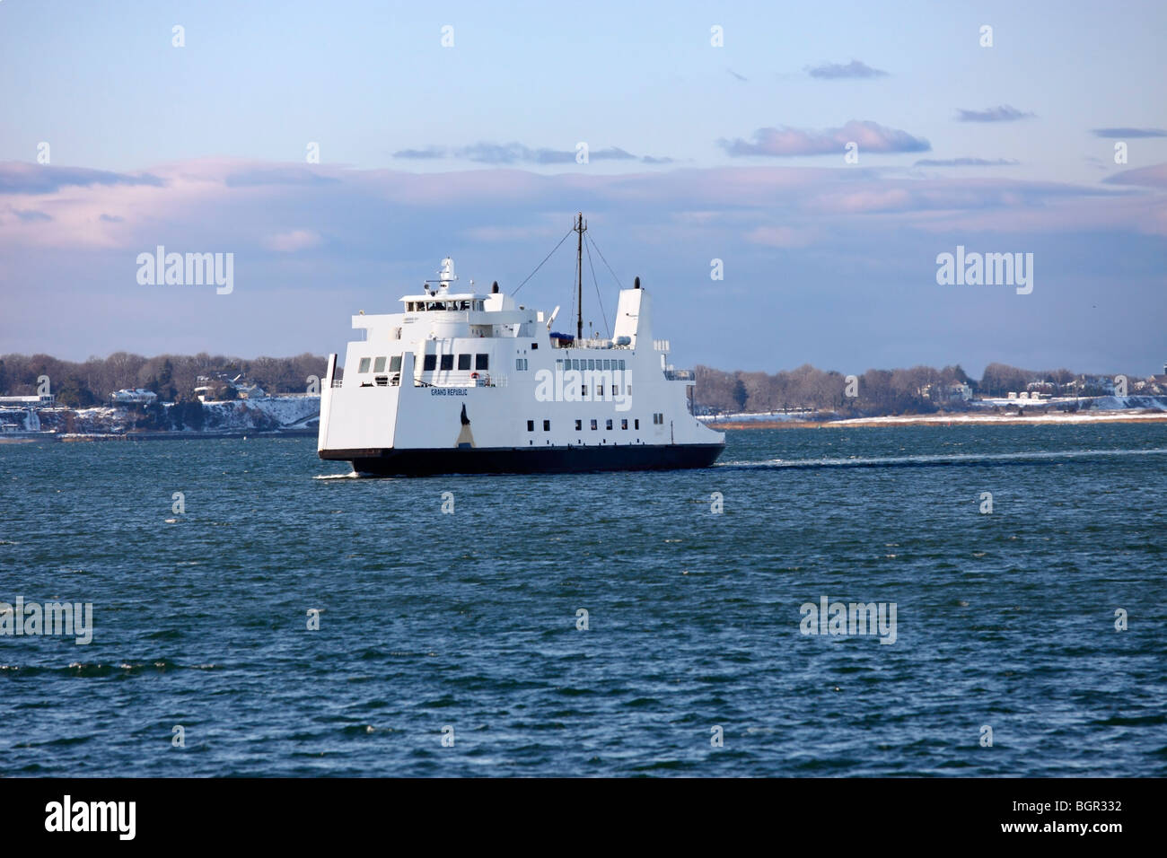 Car and passenger ferry approaches Port Jefferson, Long Island, NY
