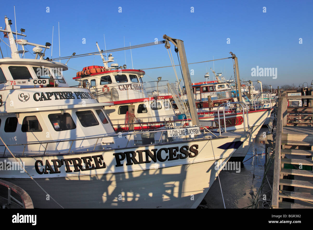 Charter fishing boat fleet, Captree State Park, Long Island, NY Stock