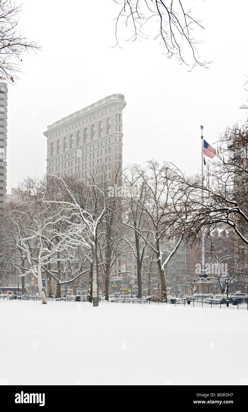 Flatiron Building Madison Square Park Winter Snowstorm Stock Photo