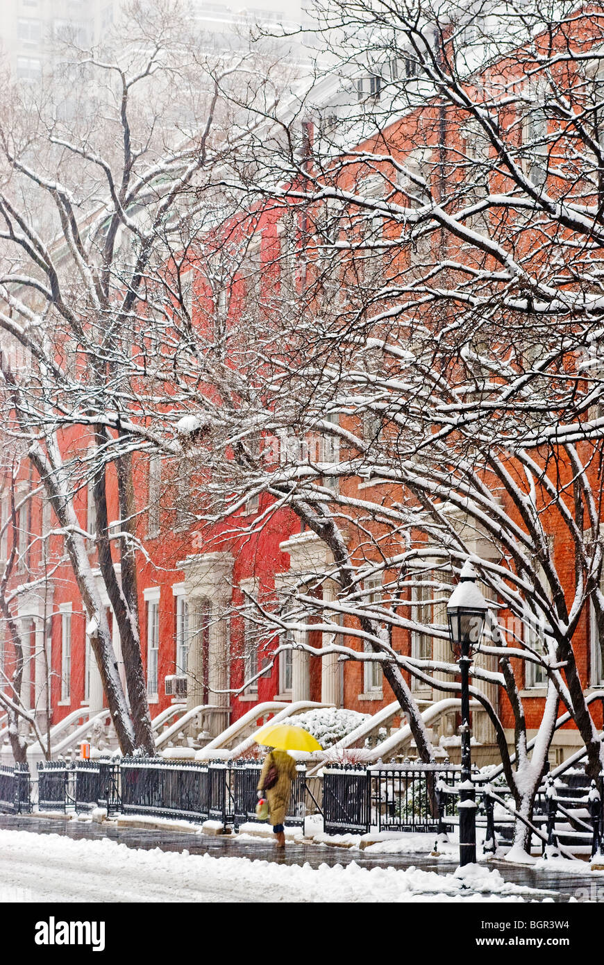 Winter Snowstorm New York City Greenwich Village Neighborhood Stock Photo