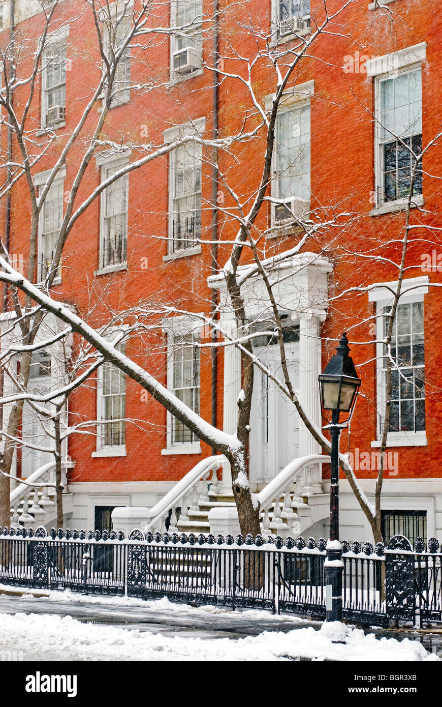 Winter Snowstorm New York City Greenwich Village Neighborhood Stock Photo
