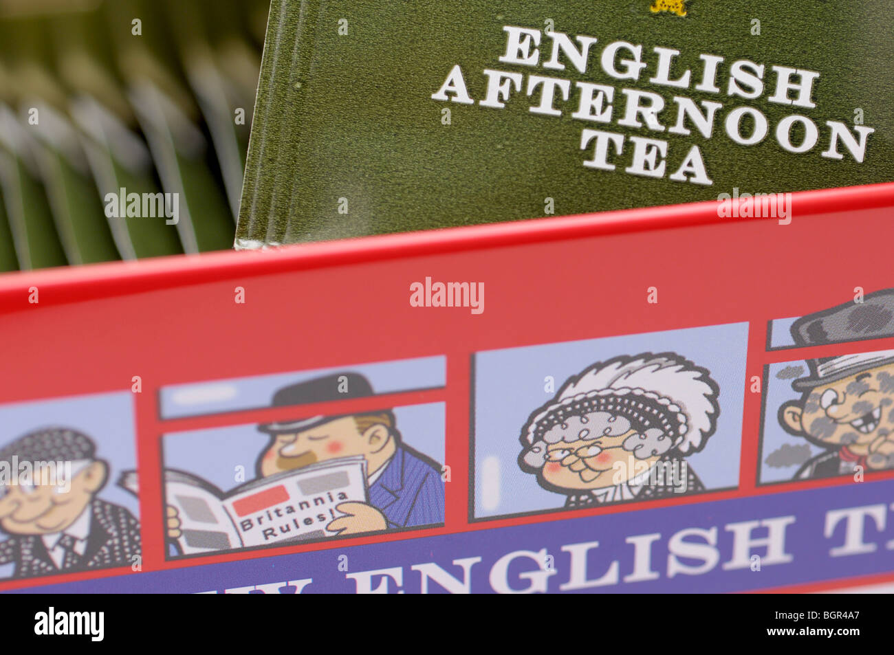 Closeup of English Afternoon Teabag/s and Tin Stock Photo