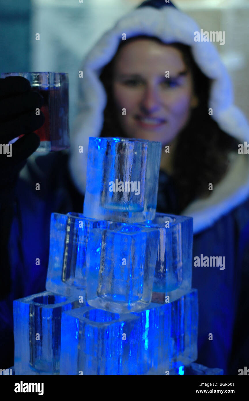 Stacking ice glasses at the Icebar in Stockholm, Sweden Stock Photo
