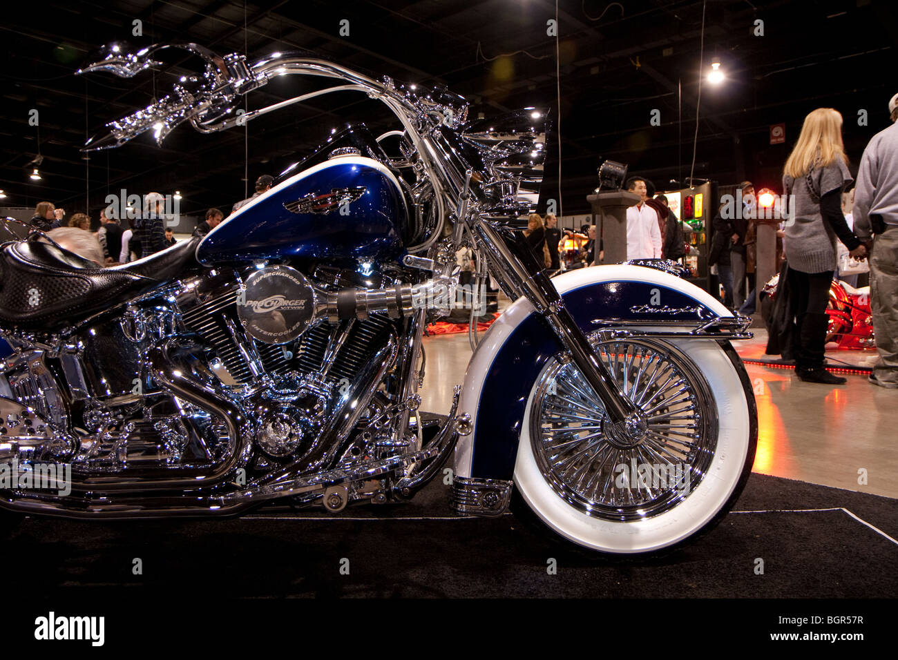 Side view of the front of a blue white custom motorcycle Stock Photo