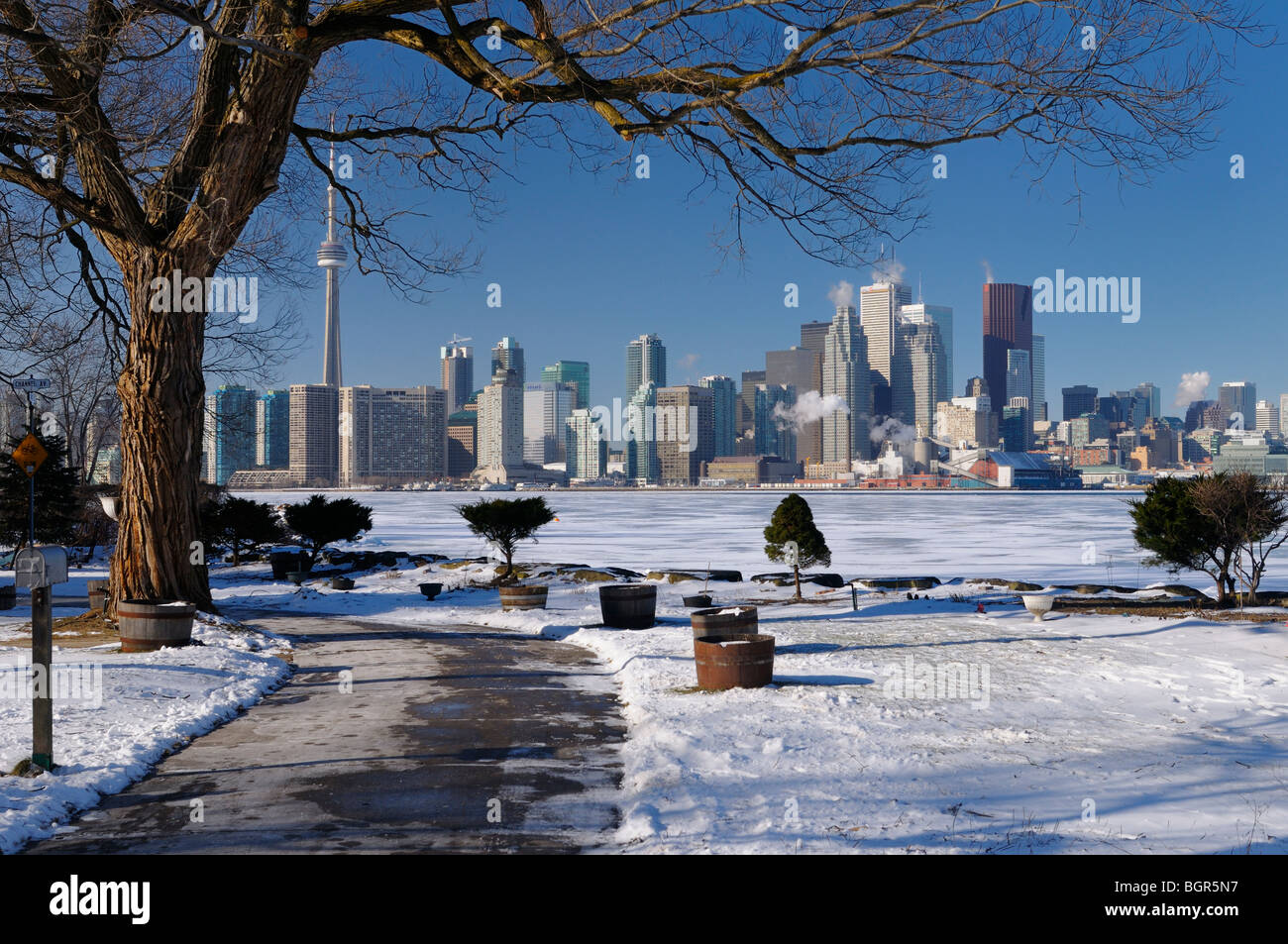 View of Toronto city skyline from Wards Island Channel Avenue in winter Stock Photo