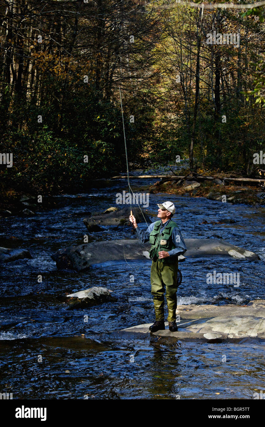 Fly Fisherman on the North River in Monroe County, Tennessee Stock Photo