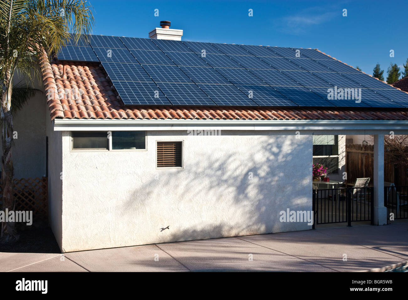 Solar Electric panels operating, residence roof,  California Stock Photo