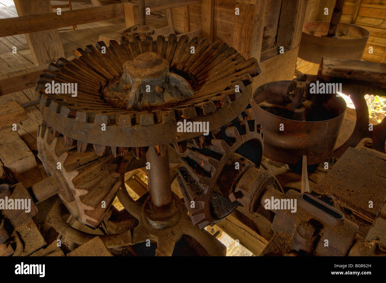 Gears inside of the York Grist Mill in Pall Mall, Tennessee Stock Photo